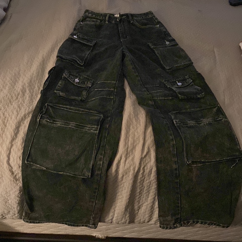 Fashion Nova Lily High Rise Cargo Jeans - Green